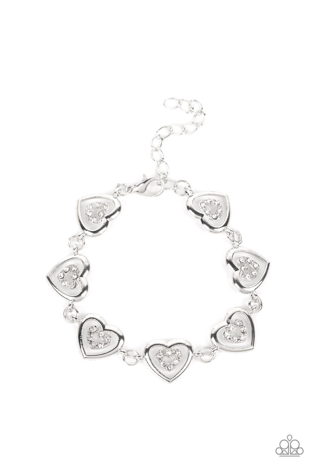 Catching Feelings White Bracelet - Paparazzi Accessories  Dotted with dainty white rhinestones, airy silver heart silhouettes are affixed to the points of larger silver heart frames. The two dimensional heart frames link together around the wrist in a flirtatious finish. Features an adjustable clasp closure.  Sold as one individual bracelet.