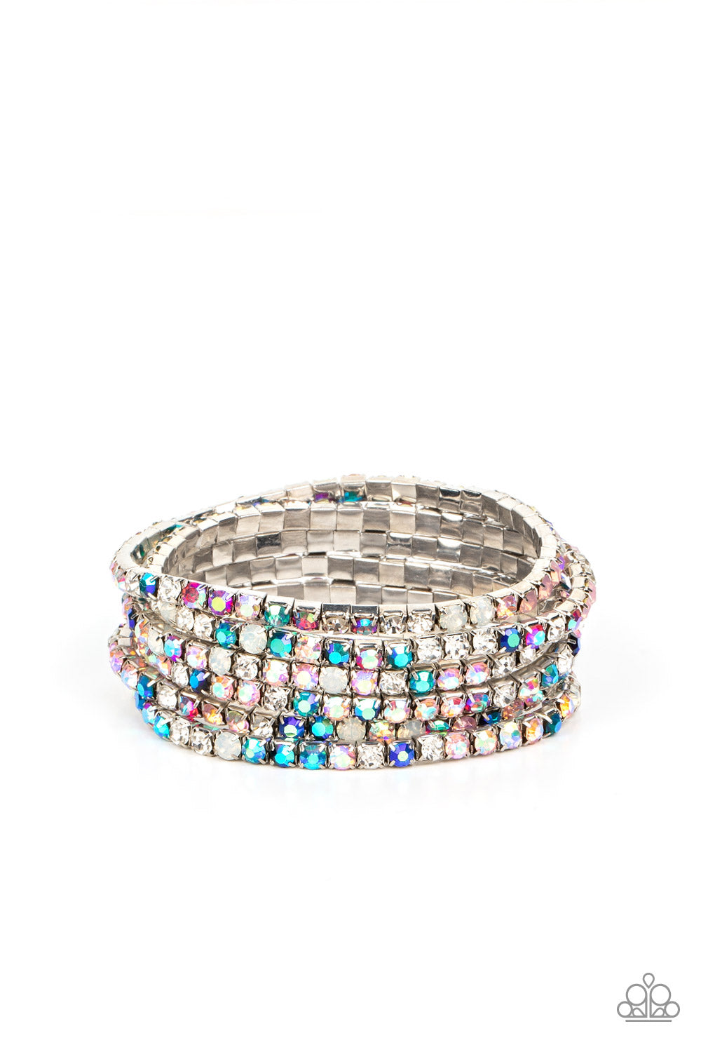 Rock Candy Rage Multi Bracelet - Paparazzi Accessories   Embellished in rhinestone studs, six bracelets threaded along elastic stretchy bands stack across the wrist. Opalescent white, clear, and shades of iridescent in fuchsia, baby pink, and blues create a dramatic collision of color and shimmer. Due to its prismatic palette, color may vary.  Sold as set of six bracelets.  December 2022 Life of the Party!