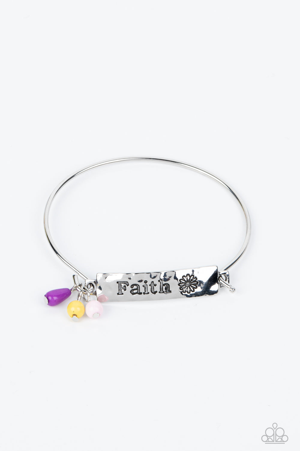 Flirting with Faith Purple Bracelet - Paparazzi Accessories  The word "Faith" and a whimsical daisy silhouette are stamped across a thick hammered plate of silver. Three acrylic beads in the shades of Primrose, purple, and baby pink add a dash of color to this inspirational piece, gathering together where the plate attaches to a skinny silver cuff. Features a hook and eye closure.  Sold as one individual bracelet.
