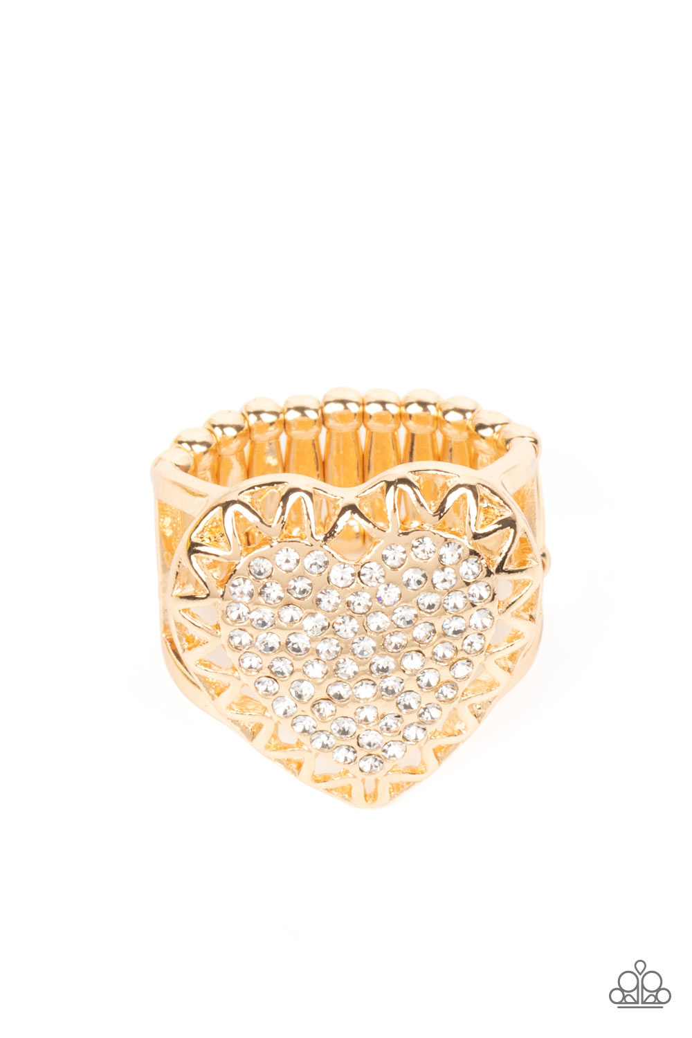 Romantic Escape Gold Ring - Paparazzi Accessories  An airy gold frame with cutouts resembling a subtle zig-zag pattern, wraps around a heart filled with brilliant white rhinestones to create a dazzling centerpiece atop the finger. Features a stretchy band for a flexible fit.  Sold as one individual ring.