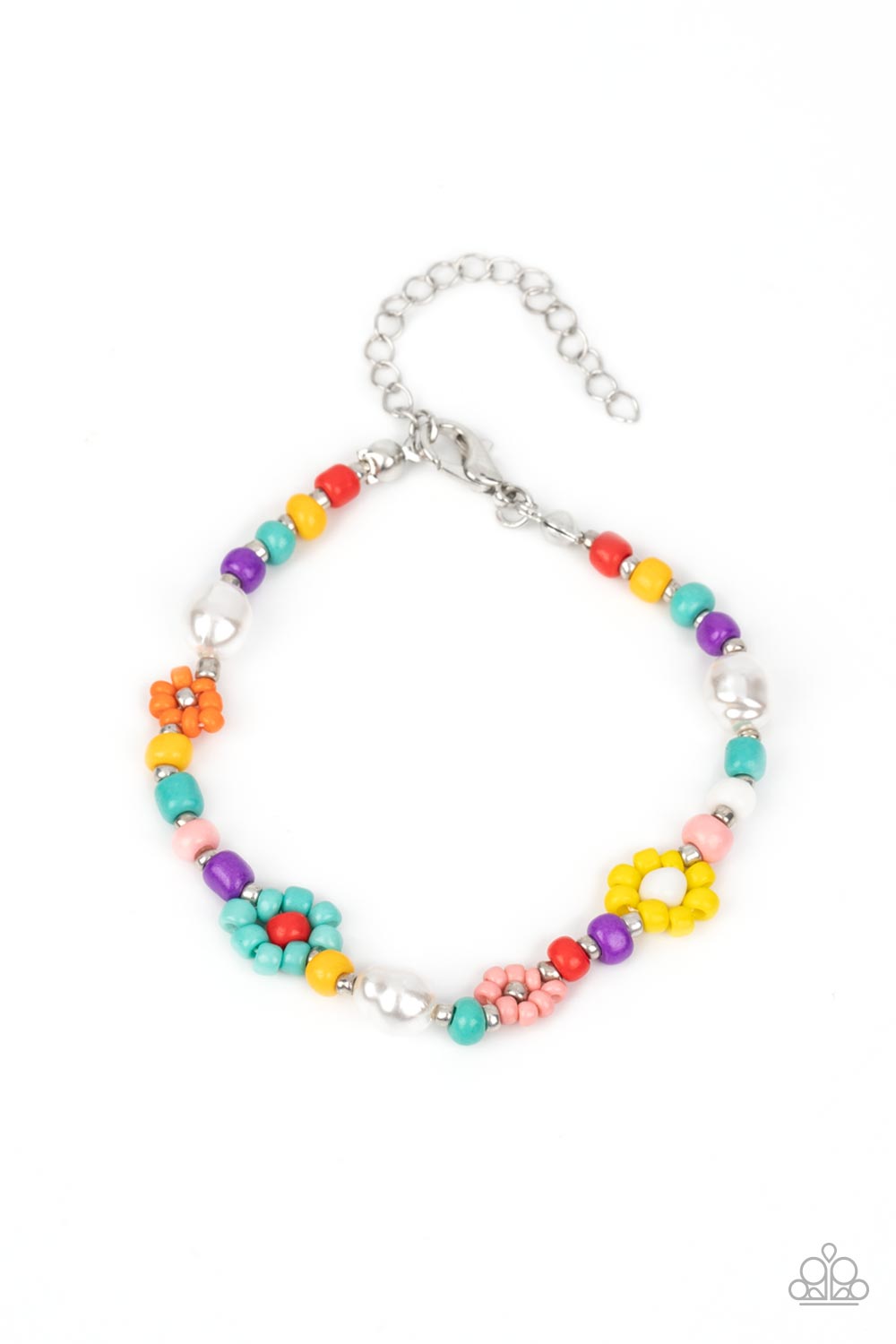 Modeled after gerber daisies, multicolored seed beed petals in shades of Tiffany, orange, pink, and yellow bloom around white, red, and silver beaded centers resulting in a dazzling collection of florals around the wrist. Varying sizes of beads in the same shades, along with a couple of small baroque pearls, separate the floral designs in a far-out finish. Features an adjustable clasp closure.  Sold as one individual bracelet.