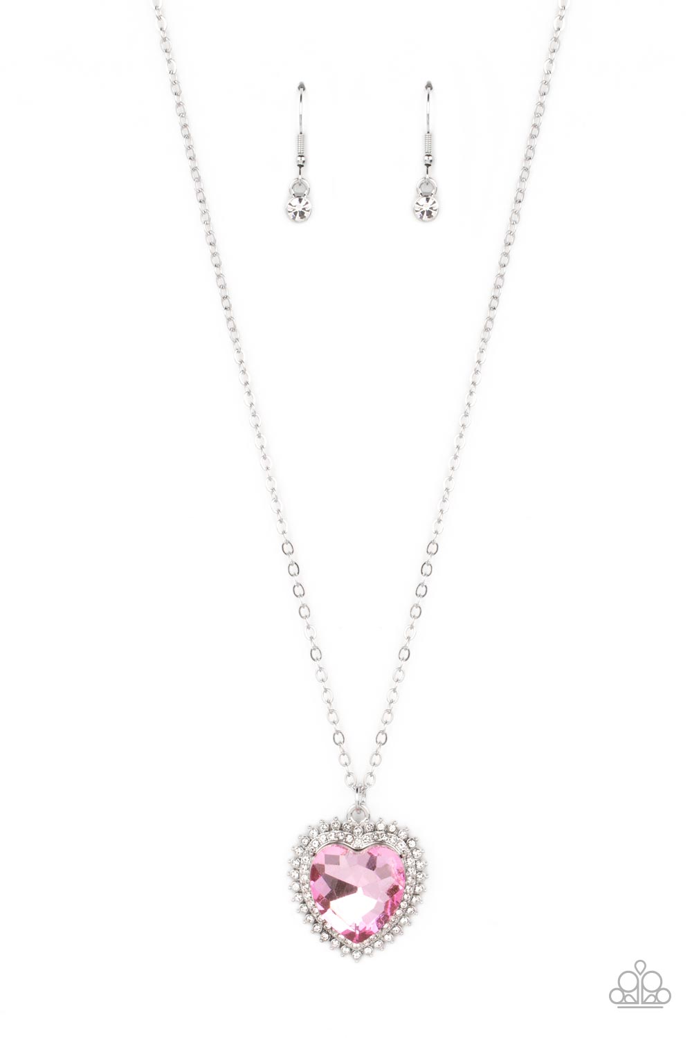 Sweethearts Stroll Pink Necklace - Paparazzi Accessories  A pink crystal-like heart gem sparkles dramatically as it's wrapped in a glassy white rhinestone-studded heart frame. Adding additional shimmer, a second layer of white rhinestones encircles the studded pendant as it swings from a classic silver chain in a flirty finish. Features an adjustable clasp closure.  Sold as one individual necklace. Includes one pair of matching earrings.