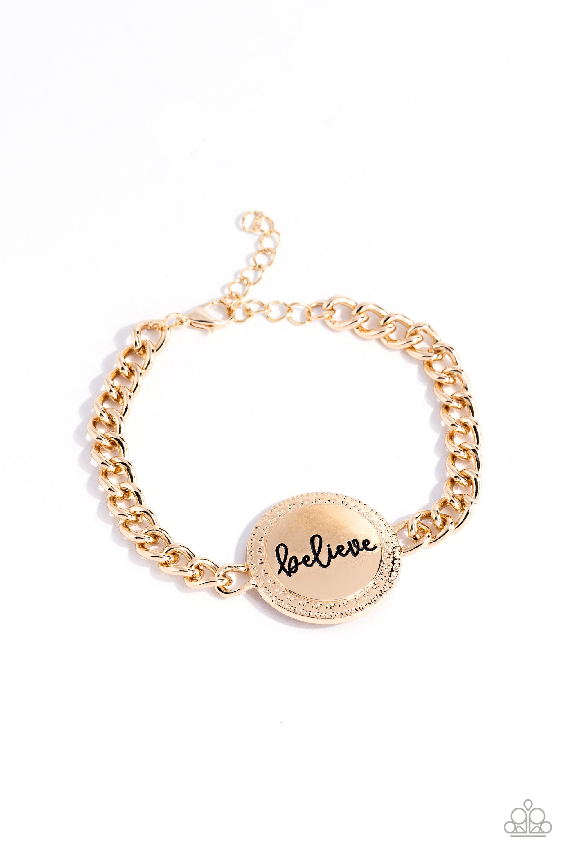 Hope and Faith Gold Believe Bracelet - Paparazzi Accessories  A gold disc is anchored at the center of a thick gold chain that wraps around the wrist. The word "believe" is etched into the center of the gold disc in a fancy script as a textured border decorates the edge. Features an adjustable clasp closure.  Sold as one individual bracelet.  Sku:  P9WD-GDXX-179XX