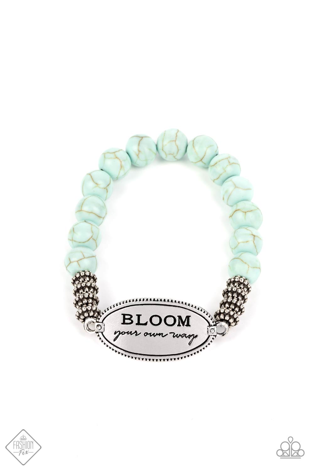 Bedouin Bloom Blue Bracelet - Paparazzi Accessories  An asymmetrical textured oval pendant features the phrase "BLOOM your own way" in a variety of fonts to emphasize the inspirational message. Four textured wheels fan out from the pendant to a refreshing collection of light blue stones that stretch along the wrist on an elastic stretchy band for a charming pop of color along the wrist. As the stone elements in this piece are natural, some color variation is normal.  Sold as one individual bracelet.