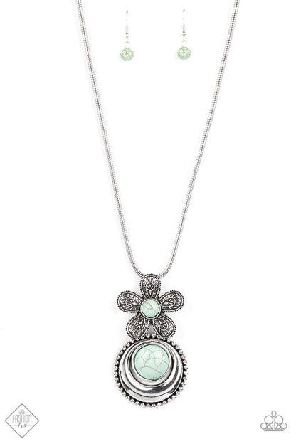 Fluttering from a silver snake chain, an oversized flower with detailed petals blooms around a light blue stone center. A silver pendant with a studded border swings from the single flower for additional movement. A refreshing oversized stone in the same hue is pressed into the center of the pendant for a pop of color amongst the metallic texture. Features an adjustable clasp closure. As the stone elements in this piece are natural, some color variation is normal.