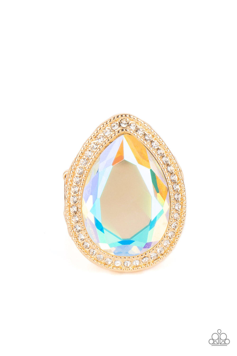 Illuminated Icon Gold Ring - Paparazzi Accessories  An oversized teardrop gem with an iridescent finish is nestled inside a gold teardrop frame encrusted in dainty white rhinestones. Airy teardrop cutouts decorate each side of the oversized frame### some with subtle texture and others with a high sheen finish. Features a stretchy band for a flexible fit. Due to its prismatic palette### color may vary.  Sold as one individual ring.