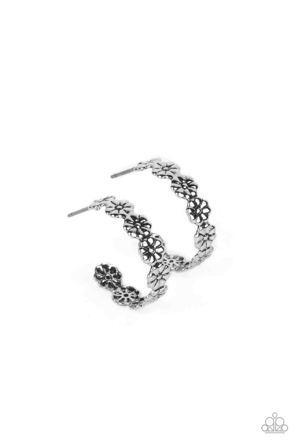 Floral Fad Silver Hoop Earring - Paparazzi Accessories  Tiny silver flowers connect to one another as they wrap around the ear to create a charming, dainty hoop. Earring attaches to a standard post fitting. Hoop measures approximately 3/4" in diameter.  Sold as one pair of hoop earrings.