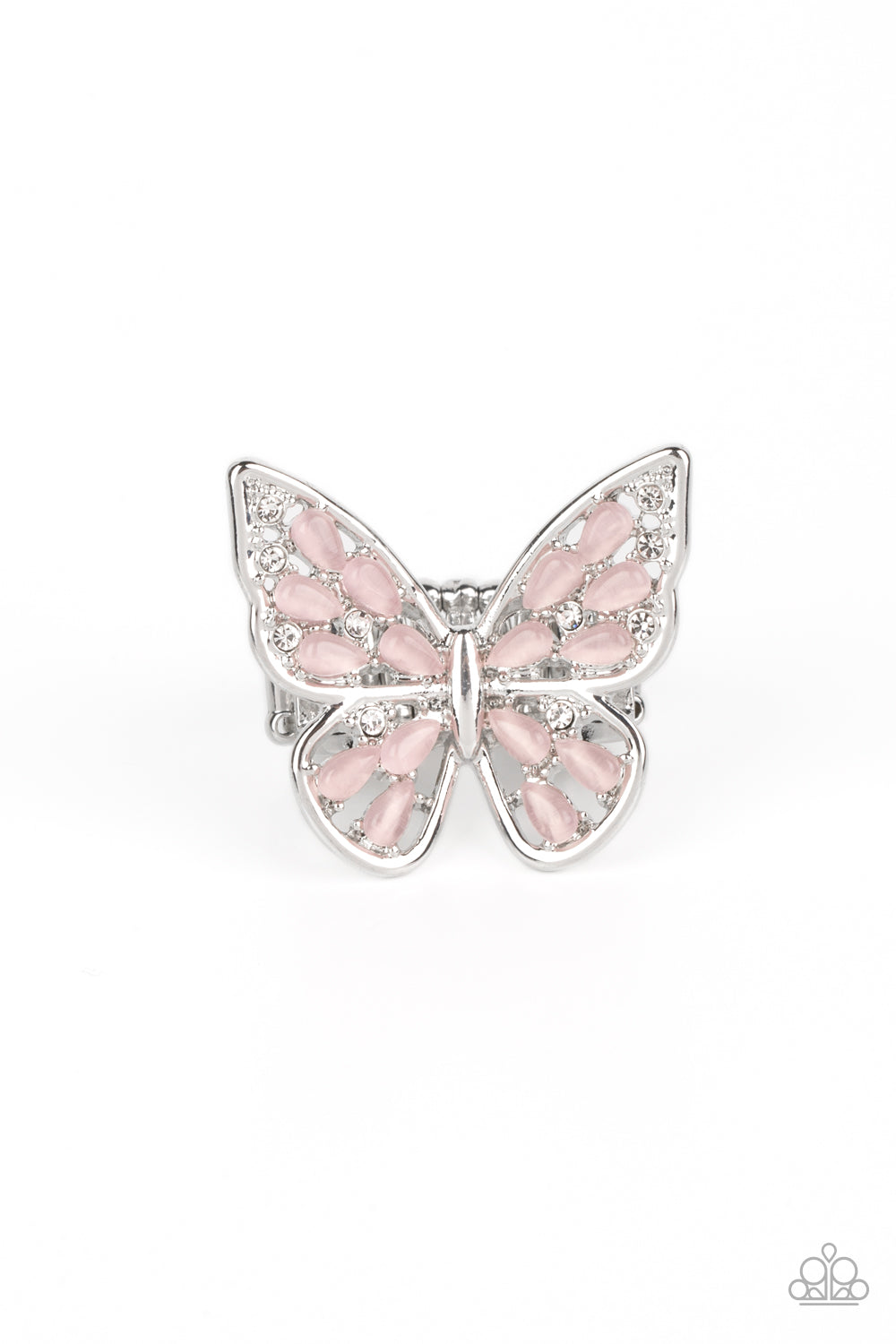 Flying Fashionista Pink Butterfly Ring - Paparazzi Accessories  Shiny silver bars curl into the shape of a butterfly, creating a whimsical centerpiece that flutters atop the finger. Pink opalescent beads fill the inside of the wings, leaving spaces in between for the design to remain airy and light. Finally, tiny white rhinestones line the inside edges of the silver frame, adding a hint of irresistible sparkle to the mix. Features a stretchy band for a flexible fit. P4WH-PKXX-248XX