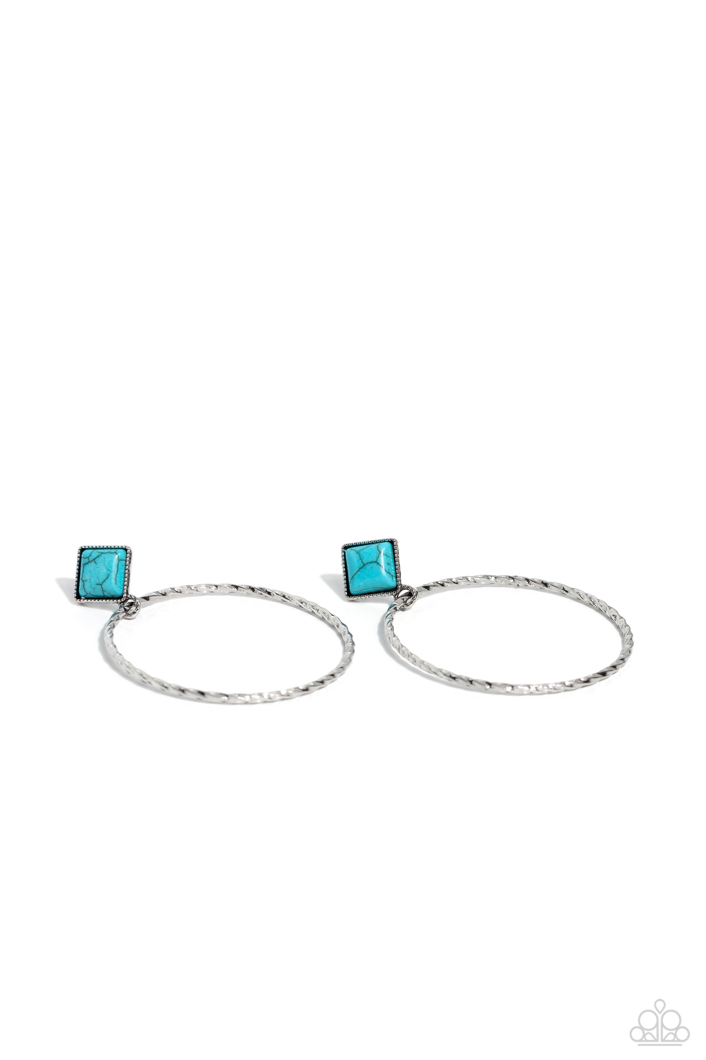 Canyon Circlet Turquoise Post Earring - Paparazzi Accessories  A twisted and textured silver oversized hoop, swings from the bottom of a silver-studded square frame, tilted on its point, with a refreshing turquoise stone pressed in its center. The two rustic pieces cascade down the ear for a free-spirited finish, with eye-catching movement. Earring attaches to a standard post fitting. As the stone elements in this piece are natural, some color variation is normal. P5PO-BLXX-149XX