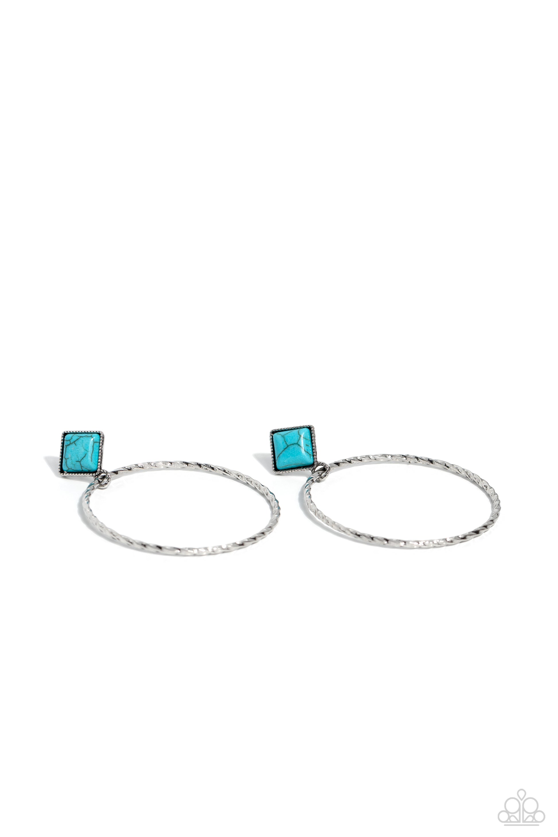 Canyon Circlet Turquoise Post Earring - Paparazzi Accessories  A twisted and textured silver oversized hoop, swings from the bottom of a silver-studded square frame, tilted on its point, with a refreshing turquoise stone pressed in its center. The two rustic pieces cascade down the ear for a free-spirited finish, with eye-catching movement. Earring attaches to a standard post fitting. As the stone elements in this piece are natural, some color variation is normal. P5PO-BLXX-149XX