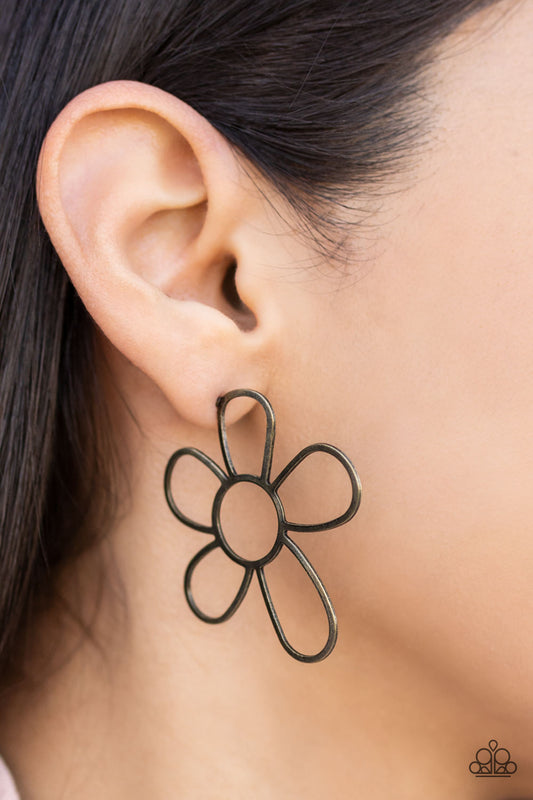 Rustic Rarity Brass Post Flower Earring - Paparazzi Accessories  Gritty, antiqued brass is artfully shaped into an oversized flower. The open framework creates an air of whimsicality, as the exaggerated size of the design leaves a lasting impression. Earring attaches to a standard post fitting.  Sold as one pair of post earrings.  P5PO-BRXX-068XX