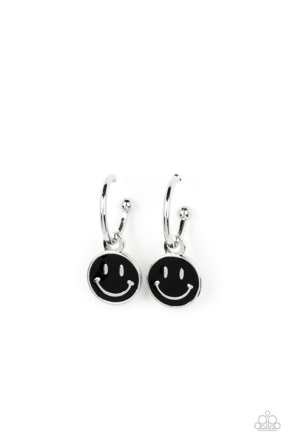 Subtle Smile Black Hoop Earring - Paparazzi Accessories  A small, skinny, silver hoop curves around the ear, where a silver ball is affixed to create the look of a barbell. A black disc slides along the hoop, cheerfully showcasing a silver smiley face that adorns its colorful surface. Earring attaches to a standard post fitting. Hoop measures approximately 1/2" in diameter.  Sold as one pair of hoop earrings.