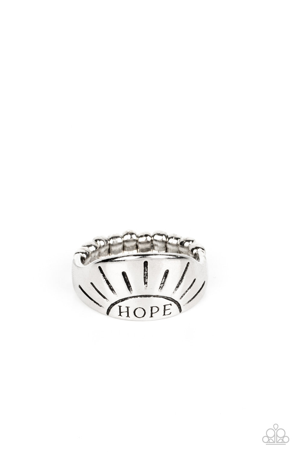 Hope Rising Silver Ring - Paparazzi Accessories  A band of high-sheen silver curves around the finger, creating a half-circle. The word, "HOPE" is etched along the bottom edge of the half-circle, where it is nestled inside the outline of a sun. Linear etchings fan out across the silver backdrop, radiating energetically from the empowering message below. Features a dainty stretchy band for a flexible fit.  Sold as one individual ring.