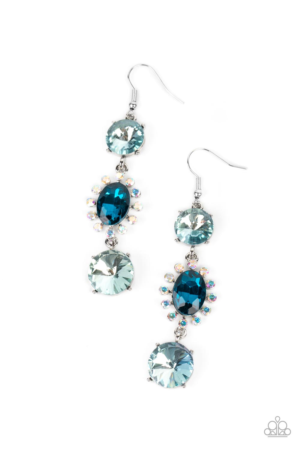 Magical Melodrama Blue Earring - Paparazzi Accessories  A trio of colorfully iridescent and brilliantly sparkling blue gems are linked together as they fall glamorously from the ear. A round-cut gem with an exaggerated faceted surface anchors the cascade, followed by an oval-cut navy rhinestone bordered in iridescent rhinestones. Another round-cut gem finishes off the design in a sparkling finish. Earring attaches to a standard fishhook fitting. Due to its prismatic palette, color may vary.