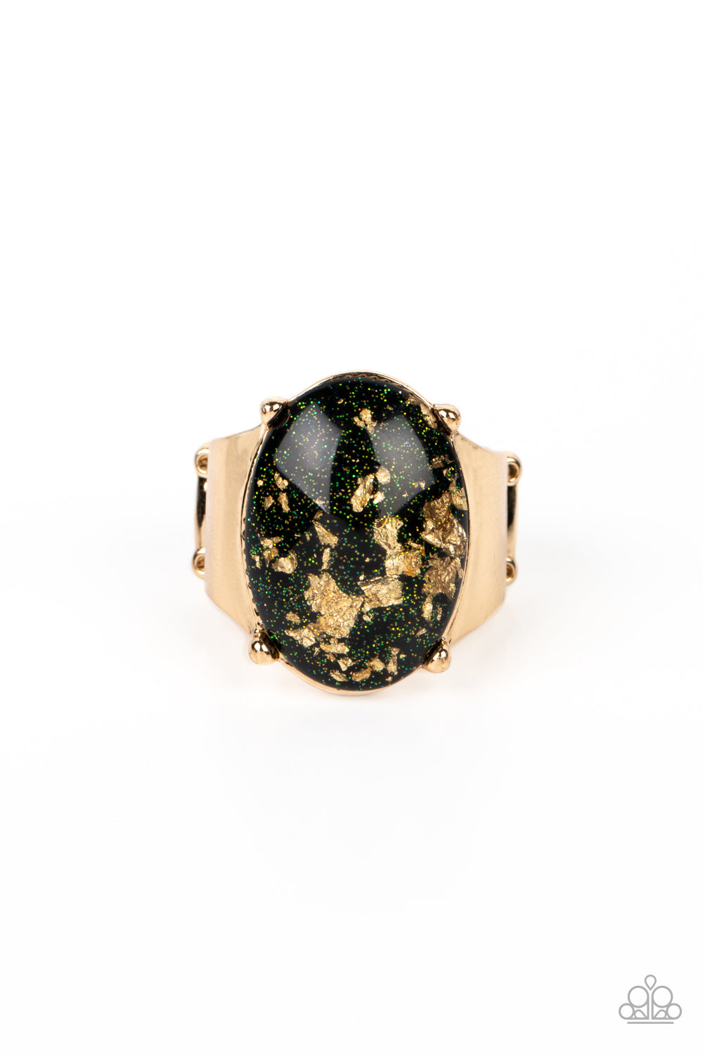 Gold Leaf Glam Black Ring - Paparazzi Accessories  Encased in a sleek gold frame, an oversized glassy black bead with an opalescent finish, is speckled in flecks of gold shimmer for a bubbly, yet glitzy effect. Thick, sleek, gold curves from the glassy bead, anchoring the oversized shimmer to the design. Features a stretchy band for a flexible fit.  Sold as one individual ring.