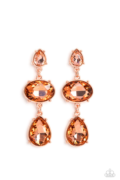 Royal Appeal Copper Post Earring - Paparazzi Accessories  A small, peachy, teardrop-shaped gem gives way to a peachy oval-shaped rhinestone tilted on its side. A large, peachy teardrop swings from the oval above, adding dramatic movement to the colorful display. Each faceted gem is set in pronged shiny copper fittings, exaggerating their sparkle as they swing from the ear in a lustrous finish.  Sold as one pair of post earrings.  P5PO-CPSH-054XX