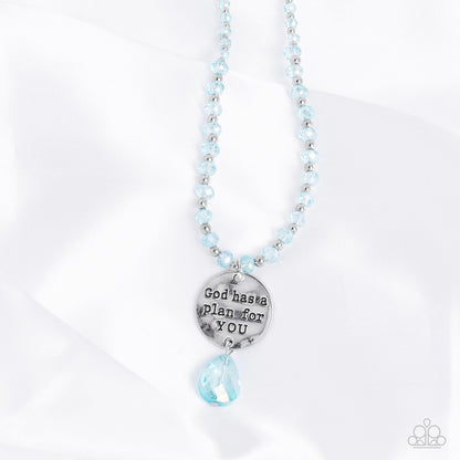Priceless Plan Blue Necklace - Paparazzi Accessories  Infused along an invisible wire, silver studs and reflective light blue, faceted beads glide down the chest in a shimmery style. Hanging from the bottom of the beads and studs, a hammered silver disc is stamped with the phrase "God has a plan for YOU" with a reflective, blue faceted teardrop bead adding additional swing to the divine design. Features an adjustable clasp closure.  Sold as one individual necklace. Includes one pair of matching earrings.