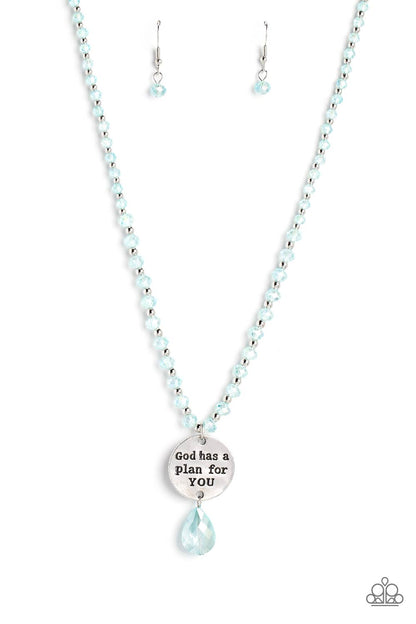 Priceless Plan Blue Necklace - Paparazzi Accessories  Infused along an invisible wire, silver studs and reflective light blue, faceted beads glide down the chest in a shimmery style. Hanging from the bottom of the beads and studs, a hammered silver disc is stamped with the phrase "God has a plan for YOU" with a reflective, blue faceted teardrop bead adding additional swing to the divine design. Features an adjustable clasp closure.  Sold as one individual necklace. Includes one pair of matching earrings.