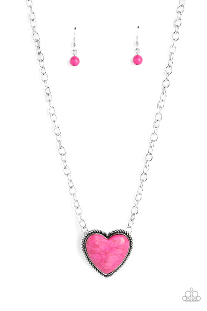 Authentic Admirer Pink Heart Necklace - Paparazzi Accessories  Dangling from the bottom of a thick silver chain, an oversized, hot pink stone is pressed into a textured, studded, silver heart frame for some southwestern sass. Features an adjustable clasp closure. As the stone elements in this piece are natural, some color variation is normal.  Sold as one individual necklace. Includes one pair of matching earrings.  P2SE-PKXX-244XX
