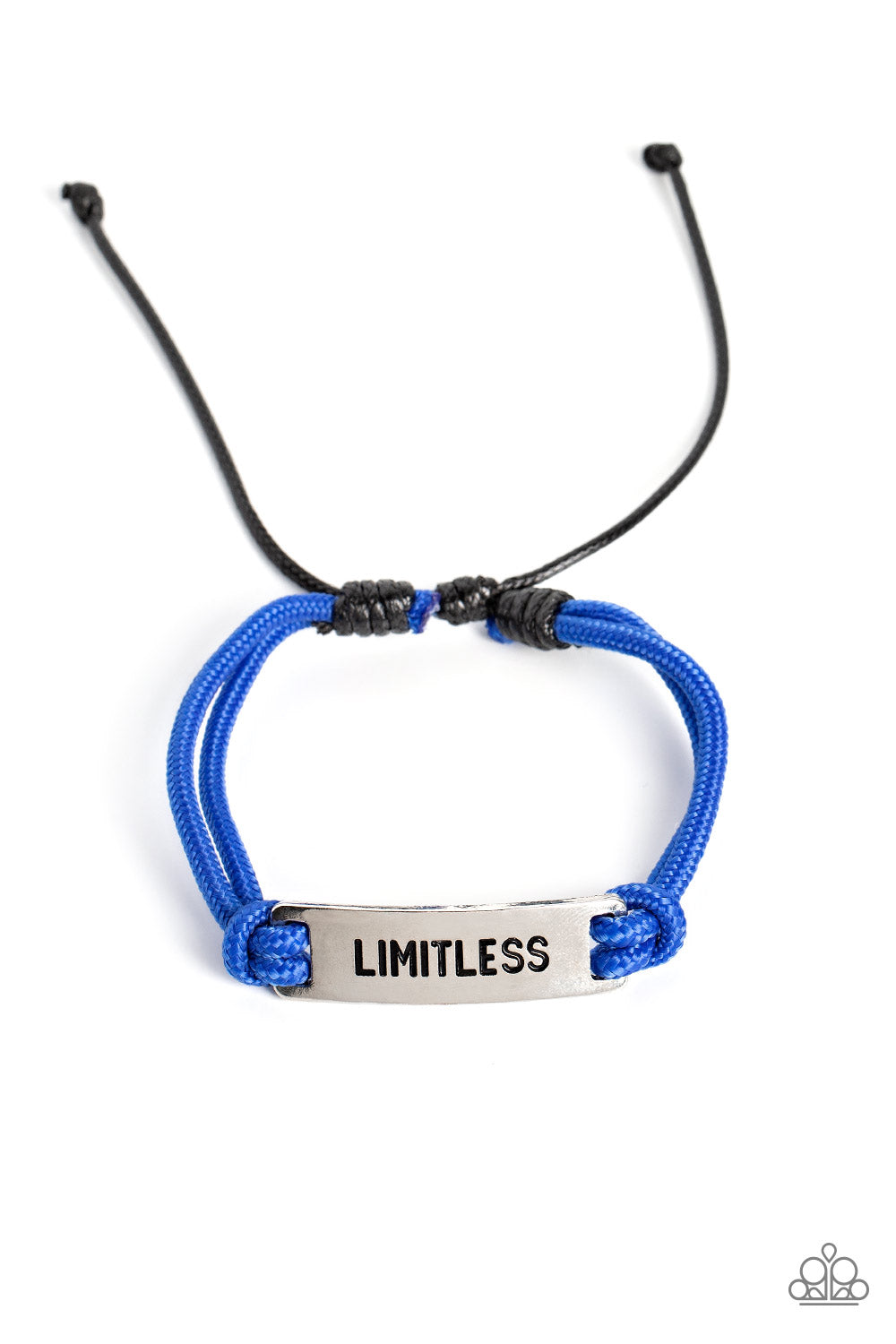 Limitless Layover Blue Urban Bracelet - Paparazzi Accessories  Double-stranded royal blue paracord rope encircles a square silver pendant. Featured on the pendant, the word "Limitless" is stamped in bold lettering for an urban statement piece around the wrist. Features an adjustable sliding knot closure.  Sold as one individual bracelet.
