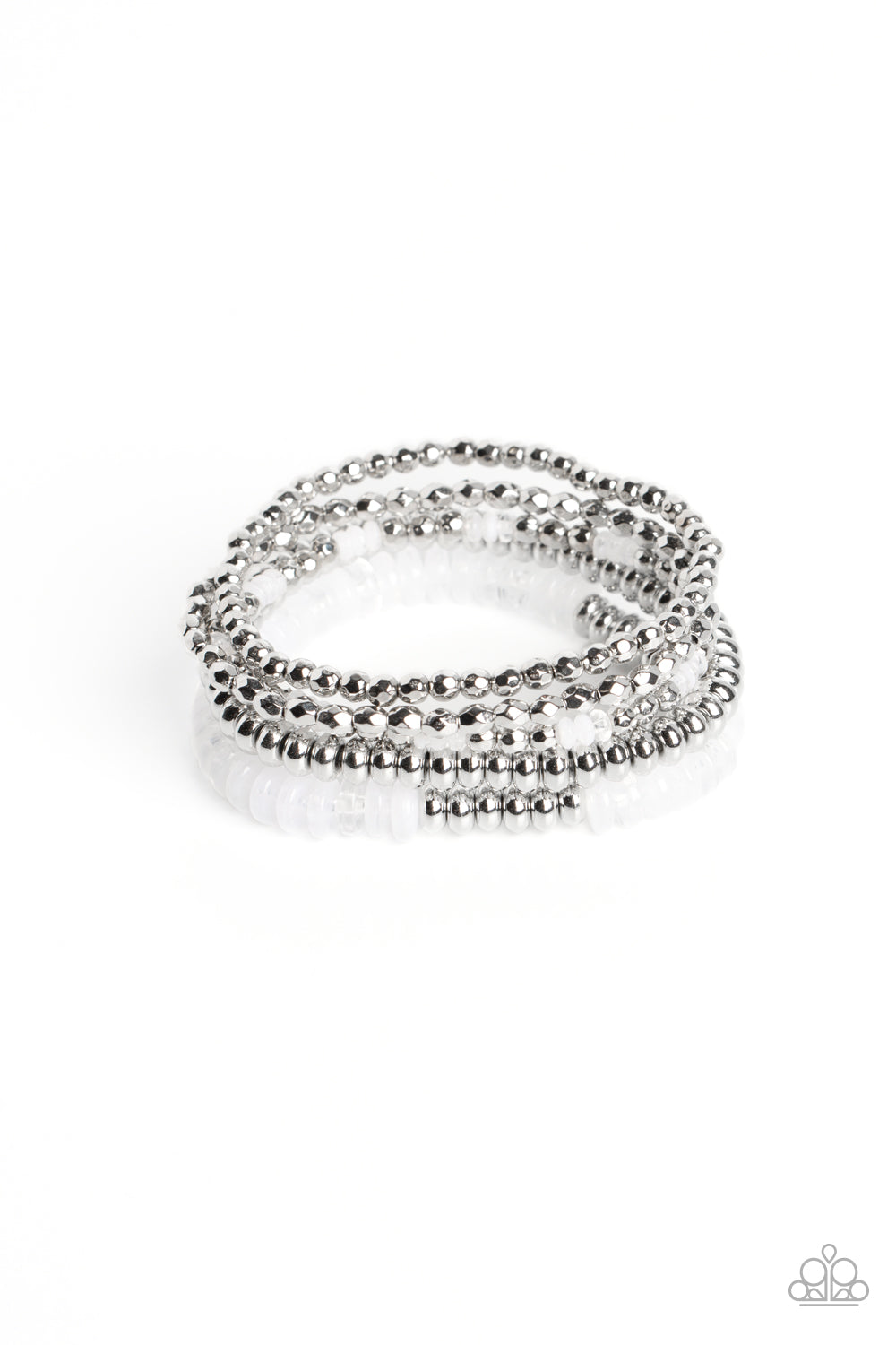 Pristine Pixie Dust White Bracelet - Paparazzi Accessories   Varying sizes and textures of silver beads combine with a collection of solid, milky, and cloudy white beads in varying sizes, to create a playful stack of bracelets that layer across elastic stretchy bands creating a youthful and energetic impression.  Sold as one set of five bracelets.
