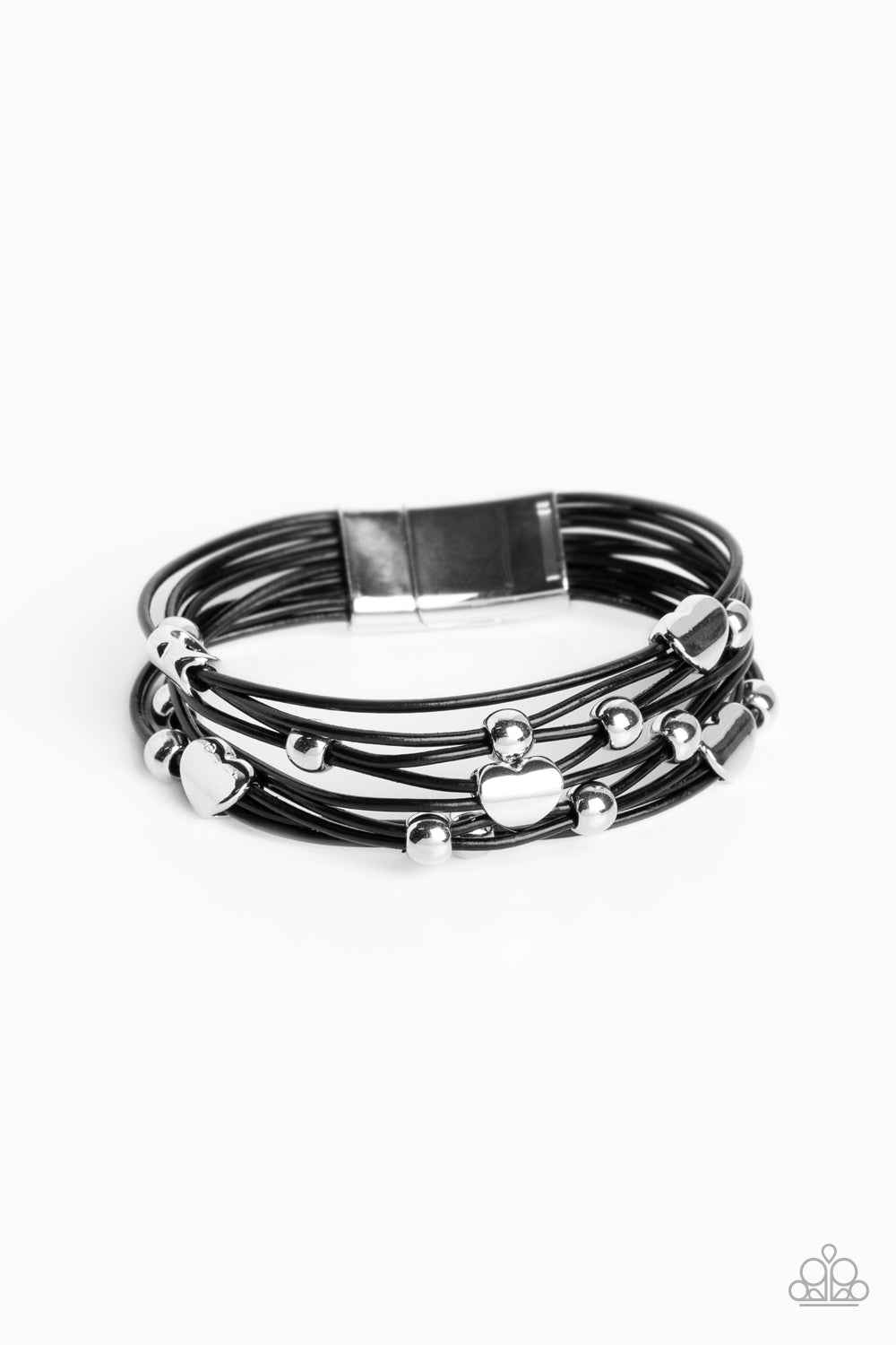 Aphrodite Ascending Black Magnetic Bracelet - Paparazzi Accessories  Row after row of black cords layer around the wrist. Varying sizes of shiny silver beads and curved silver hearts coalesce across the cords in an infatuated pattern for a romantically urban statement. Features a magnetic closure.  Sold as one individual bracelet.