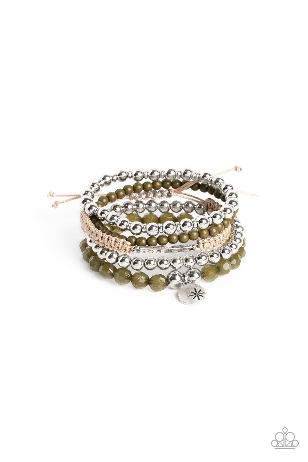 Offshore Outing Green Stretch Bracelet - Paparazzi Accessories  Strands of olive green beads are threaded along elastic stretchy bands to create a stack of bracelets. The varying opacities of each olive green bead adds depth to the design, as a strand of silver beads adds metallic sheen. 