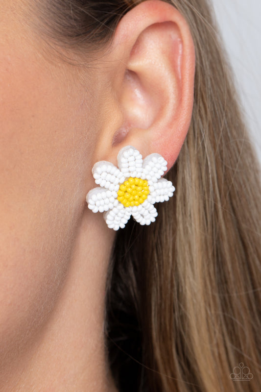 Sensational Seeds White Daisy Post Earring - Paparazzi Accessories  Layers of white seed bead petals fan out from a yellow seed bead center, blooming into a textured floral centerpiece. Earring attaches to a standard post fitting.  Sold as one pair of post earrings.  P5PO-WTXX-362XX