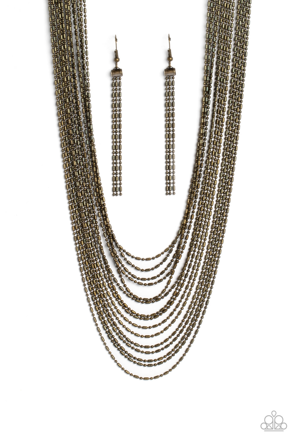 Cascading Chains Brass Necklace - Paparazzi Accessories  Suspended from two brass, horizontal bars, a shimmery cascade of brass ball-and-bar chains layer around the neck for an industrial statement. Features an adjustable clasp closure.  Sold as one individual necklace. Includes one pair of matching earrings.  P2ST-BRXX-110XX