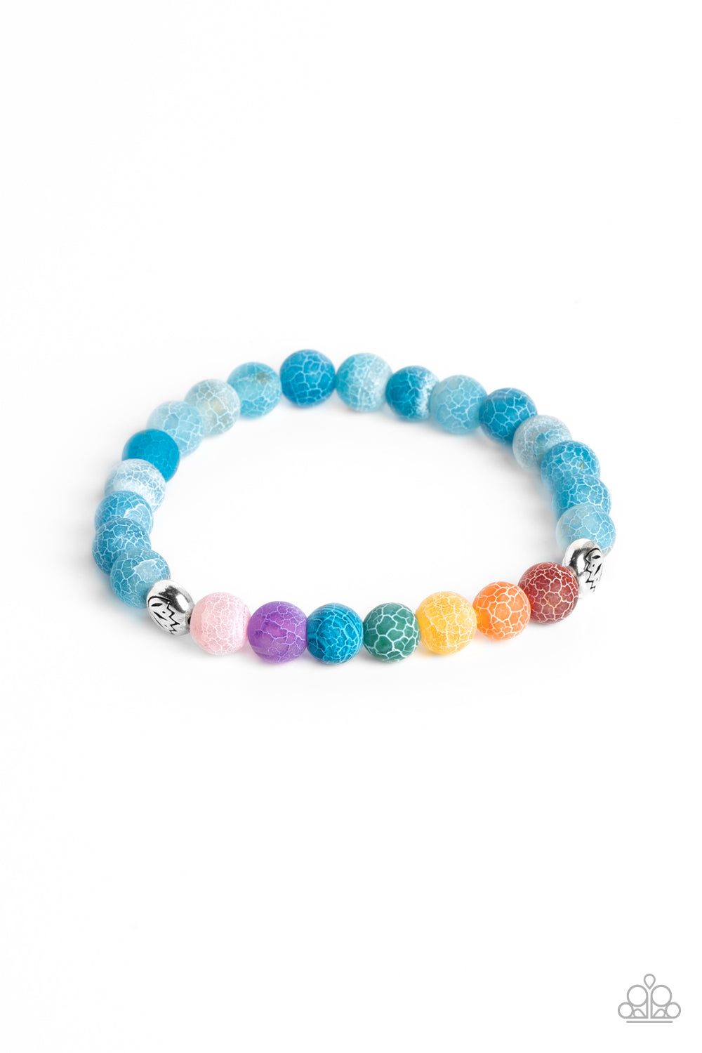 Lotus Chakra Blue Unisex Stretch Bracelet - Paparazzi Accessories  A collection of refreshing blue stone beads with speckled detailing, and stone beads brushed in the shades of the rainbow are threaded along a stretchy band around the wrist for a seasonal finish. Separating the chakra-inspired stones from the refreshing blue stones, two silver beads, stamped with a lotus flower outline add a floral feature to the urban design. 