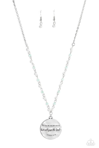 Serving the Lord Blue Necklace - Paparazzi Accessories  Infused with glassy blue beads, and bubbly white pearls, an extended, dainty silver chain shimmers and shines down the chest. Hanging from the bottom of the light-reflecting chain, an oversized silver disc, hammered with vintage detailing features the stamped phrase "As for me and my house we will serve the Lord" with the scripture reference "Joshua 24:15" listed below for an inspirational finish. Features an adjustable clasp closure.