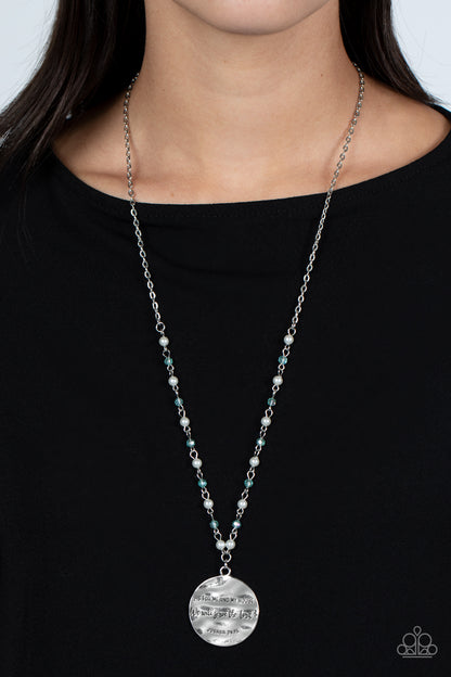 Serving the Lord Blue Necklace - Paparazzi Accessories  Infused with glassy blue beads, and bubbly white pearls, an extended, dainty silver chain shimmers and shines down the chest. Hanging from the bottom of the light-reflecting chain, an oversized silver disc, hammered with vintage detailing features the stamped phrase "As for me and my house we will serve the Lord" with the scripture reference "Joshua 24:15" listed below for an inspirational finish. Features an adjustable clasp closure.