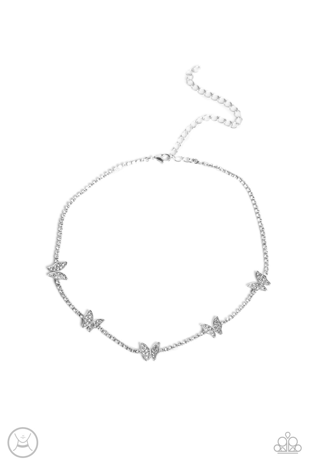 Fluttering Fanatic White Butterfly Choker Necklace - Paparazzi Accessories  Infused along a row of dainty white rhinestones pressed into silver box-chain settings, a collection of silver butterflies coalesces around the neckline for a whimsical finish. Each butterfly features a dainty shimmer of white rhinestones on its wings, for a sparkly statement. Features an adjustable clasp closure.  Sold as one individual choker necklace. Includes one pair of matching earrings.  P2CH-WTXX-057XX