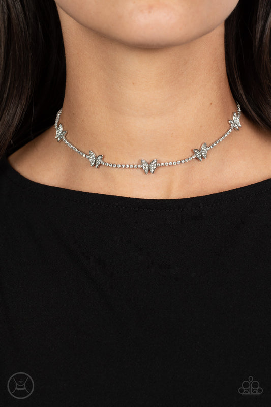 Fluttering Fanatic White Butterfly Choker Necklace - Paparazzi Accessories  Infused along a row of dainty white rhinestones pressed into silver box-chain settings, a collection of silver butterflies coalesces around the neckline for a whimsical finish. Each butterfly features a dainty shimmer of white rhinestones on its wings, for a sparkly statement. Features an adjustable clasp closure.  Sold as one individual choker necklace. Includes one pair of matching earrings.  P2CH-WTXX-057XX