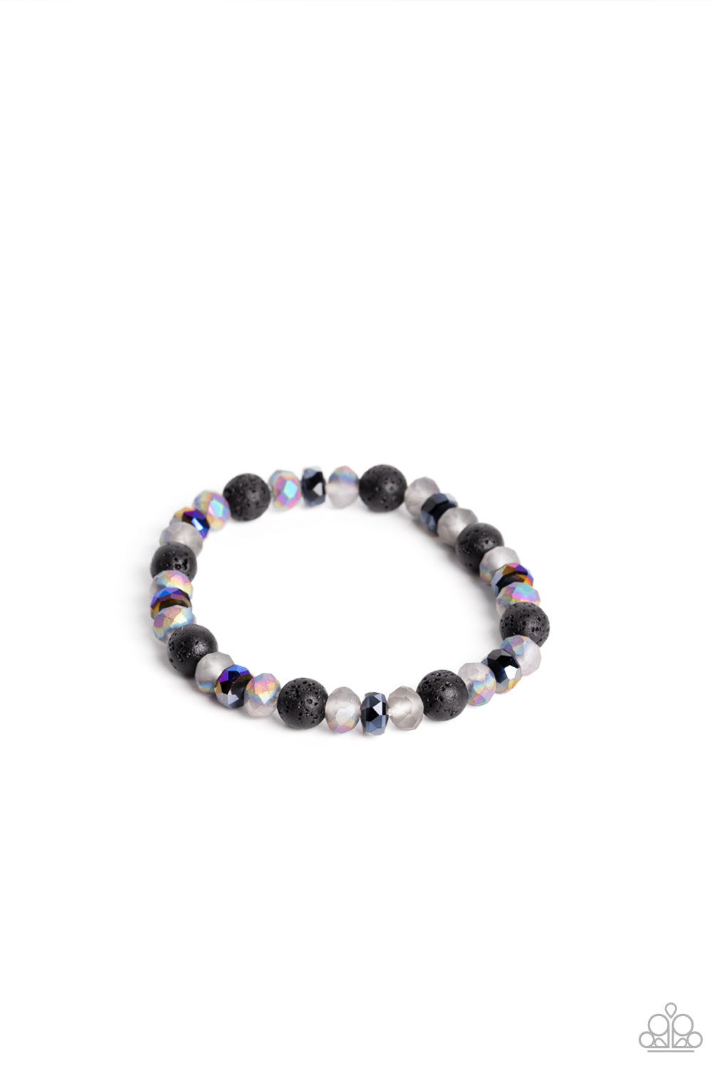 Endless LAVA Multi Stretch Bracelet - Paparazzi Accessories  An earthy collection of black lava rock beads, oil spill disc beads, and faceted stones brushed in an oil spill shimmer are threaded along a stretchy band around the wrist, resulting in an edgy stellar look. Due to its prismatic palette, color may vary. As the stone elements in this piece are natural, some color variation is normal.  Sold as one individual bracelet.  P9SE-URMT-265XX