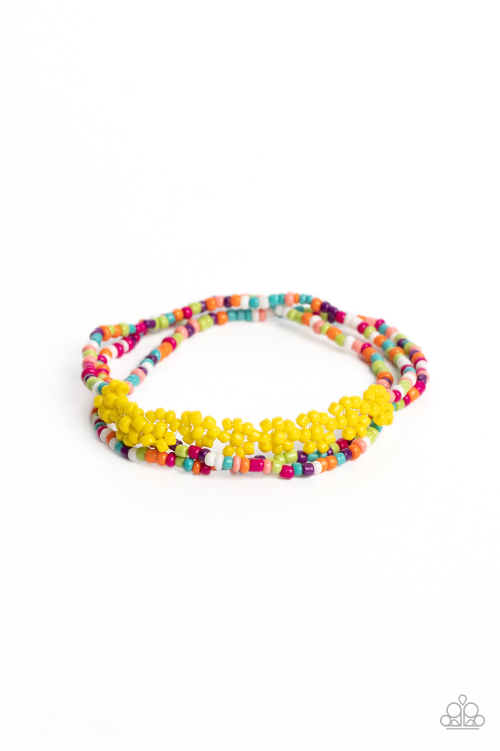 Buzzworthy Botanicals Multi Bracelet - Paparazzi Accessories  Strung along the entirety of three elastic stretchy bands, multicolored seed beads, in shades of pink, purple, blue, orange, white, and green coalesce around the wrist. Featured on one of the multicolored bands, blooming yellow seed bead flowers, with yellow seed bead centers haphazardly interrupt the refreshing collection for a carefree, charismatic finish.  Sold as one individual bracelet.  P9DA-MTXX-050XX