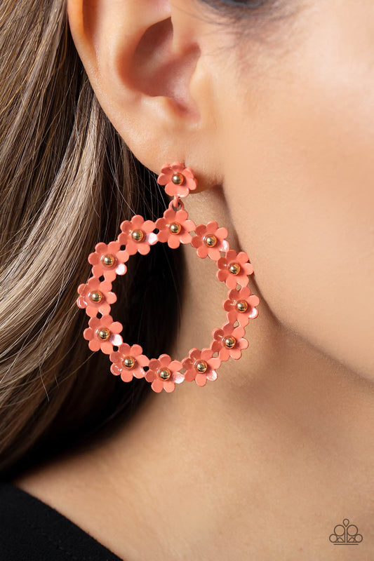 Daisy Meadows Orange Post Earring - Paparazzi Accessories  Hanging from a solitaire coral daisy, a dainty collection of coral daisies bloom into a free-spirited wreath below the ear. Gold studs gleam from the centers of the tactile flowers, adding an industrial sheen to the display. Earring attaches to a standard post fitting.  Sold as one pair of post earrings.  P5PO-OGXX-032XX