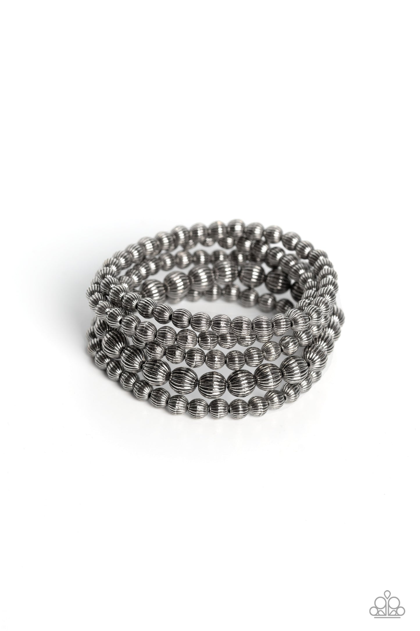 Sonoran Stripes Silver Bracelet - Paparazzi Accessories  Gritty strands of silver beads etched in linear patterns wrap around the wrist on stretchy bands. One strand of the linear silver beads features bigger beads than the rest of the collection for an earthy contrast to the design.  Sold as one set of five bracelets.