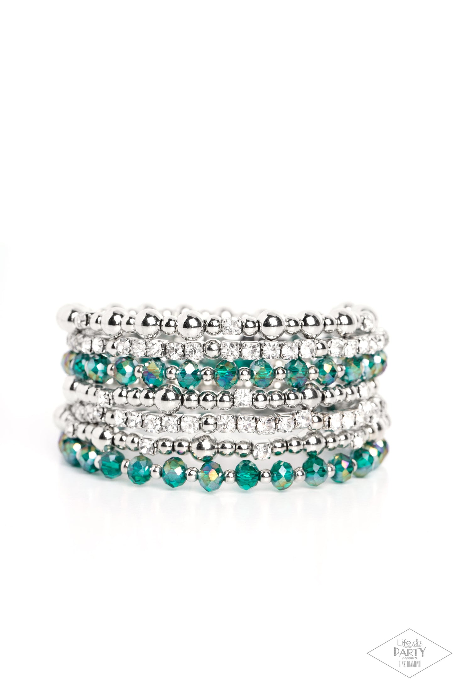 ICE Knowing You Multi Coil Bracelet - Paparazzi Accessories  An icy collection of silver beads, cubes, opaque green crystals with an iridescent shimmer, and glassy white rhinestones are threaded along a coiled wire, creating a blinding infinity wrap style bracelet around the wrist. Due to its prismatic palette, color may vary.  Sold as one individual bracelet.  P9RE-MTGR-132XX 