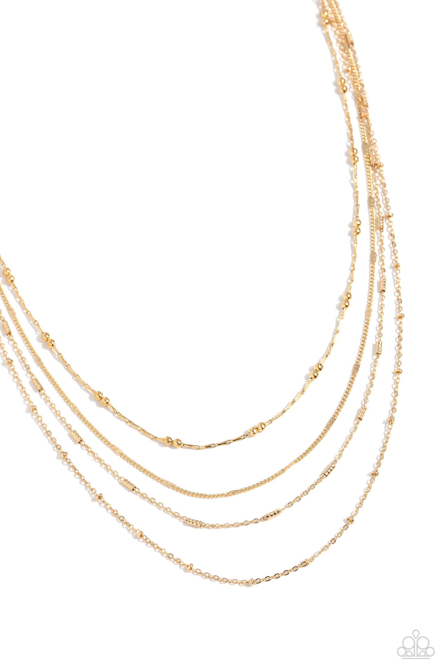 Studded Shimmer Gold Necklace - Paparazzi Accessories  Multiple layers of dainty gold chains coalesce down the neck into a monochromatic mashup. Gold accents and dainty gold beads are infused throughout the chains for additional shimmer. Features an adjustable clasp closure.  Sold as one individual necklace. Includes one pair of matching earrings.  Sku:  P2DA-GDXX-308XX