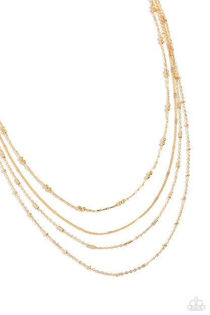 Studded Shimmer Gold Necklace - Paparazzi Accessories  Multiple layers of dainty gold chains coalesce down the neck into a monochromatic mashup. Gold accents and dainty gold beads are infused throughout the chains for additional shimmer. Features an adjustable clasp closure.  Sold as one individual necklace. Includes one pair of matching earrings.  Sku:  P2DA-GDXX-308XX