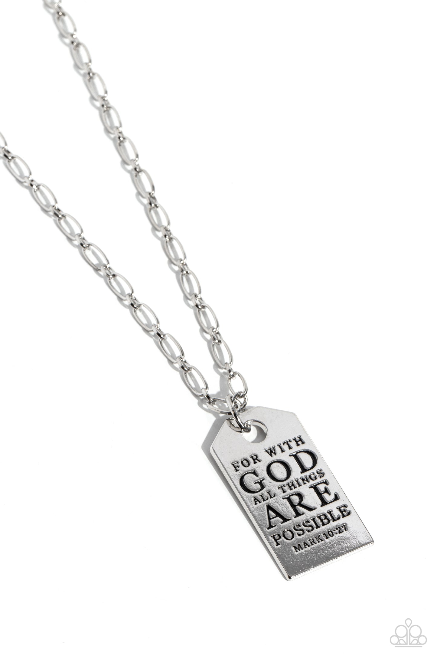 Possible Pendant Silver Inspirational Necklace - Paparazzi Accessories  Dangling from simple silver links, a sleek silver hoop boosts a rounded rectangular plate. Stamped on the high-sheen silver pendant, the inspiring phrase "For with GOD all things ARE possible" is listed with the scripture reference "Mark 10:27" just below it in a more dainty font for a hopeful finish. Features an adjustable clasp closure.  Sold as one individual necklace. Includes one pair of matching earrings.  Sku:  P2WD-SVXX-310XX