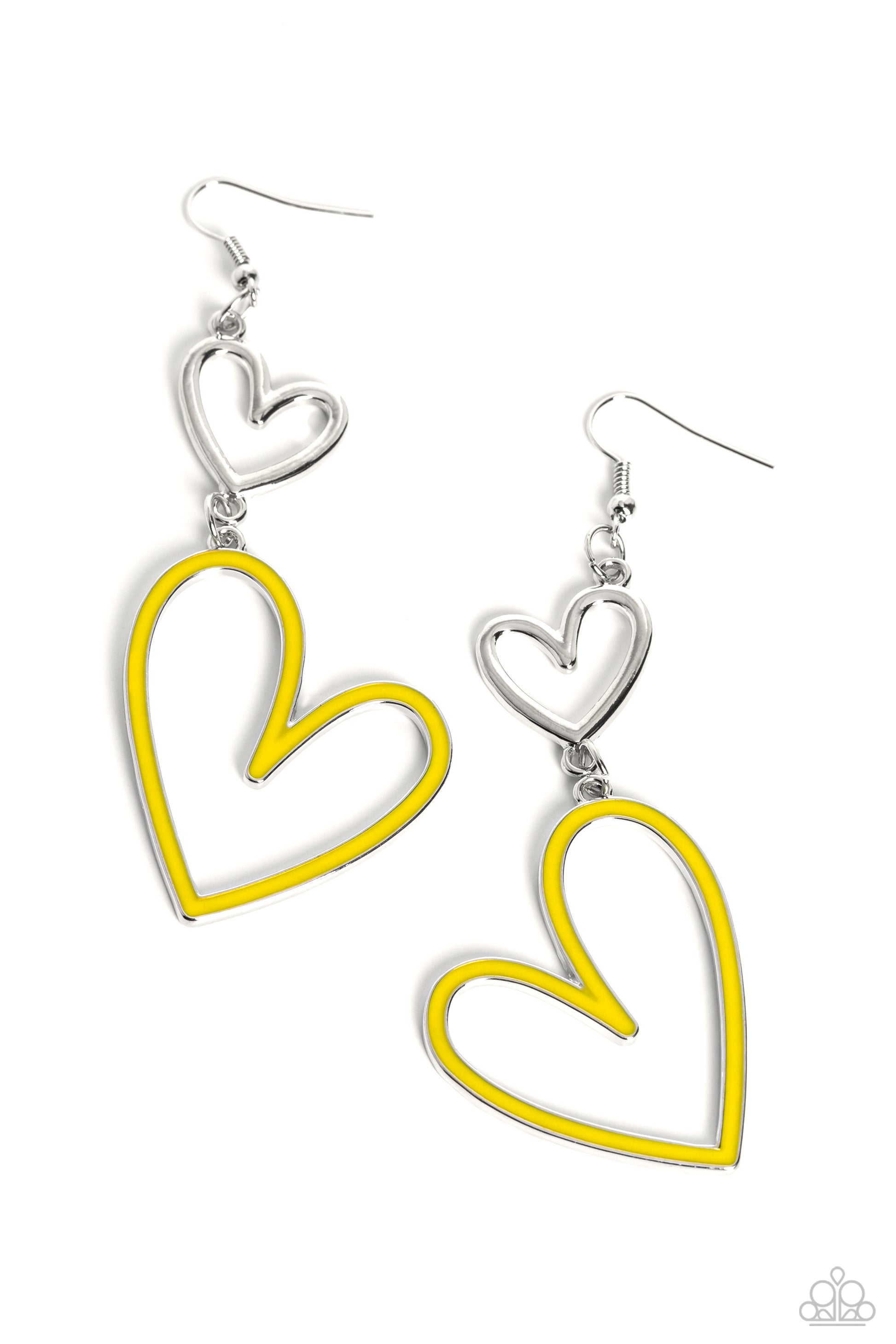 Pristine Pizzazz Yellow Heart Earring - Paparazzi Accessories  Dangling from an abstract silver heart frame, another heart frame, this time an oversized one, features a border of Primrose paint, creating an attention-grabbing romantic statement below the ear. Earring attaches to a standard fishhook fitting.  Sold as one pair of earrings.  P5WH-YWXX-186XX