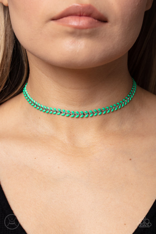 Grecian Grace Green Choker Necklace - Paparazzi Accessories  Fierce Classic Green beads curve into dauntless v-shaped silver frames around the collar, mimicking a Grecian wreath for a fashionable finish. Features an adjustable clasp closure.  Sold as one individual choker necklace. Includes one pair of matching earrings.  P2CH-GRXX-021XX