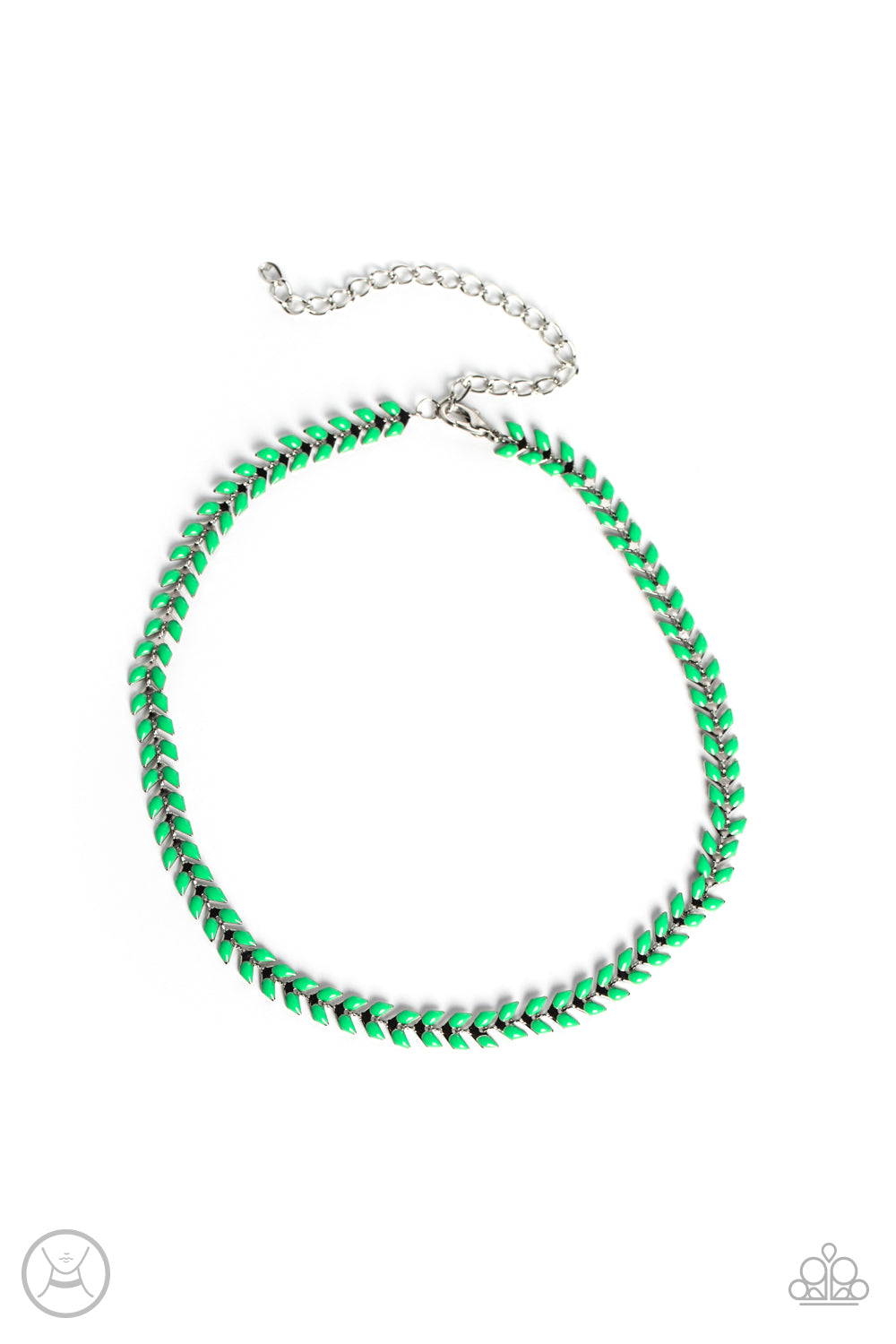 Grecian Grace Green Choker Necklace - Paparazzi Accessories  Fierce Classic Green beads curve into dauntless v-shaped silver frames around the collar, mimicking a Grecian wreath for a fashionable finish. Features an adjustable clasp closure.  Sold as one individual choker necklace. Includes one pair of matching earrings.  P2CH-GRXX-021XX