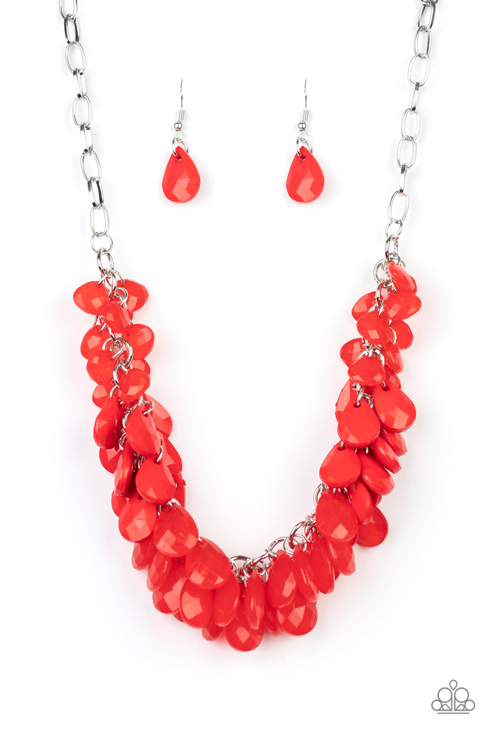 Colorfully Clustered - Red Item #N468 A fiery red collection of polished and crystal-like teardrop beads cluster along the bottom of a shimmery silver chain, creating a flirtatious fringe below the collar. Features an adjustable clasp closure. All Paparazzi Accessories are lead free and nickel free!  Sold as one individual necklace. Includes one pair of matching earrings.