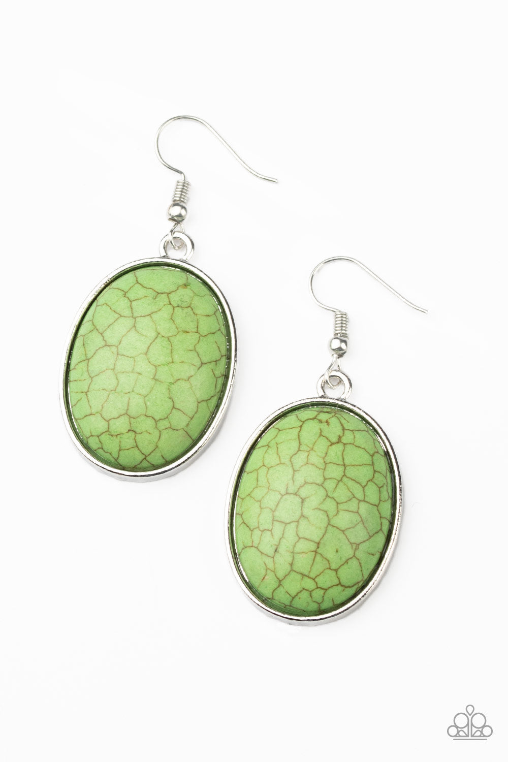 Serenely Sediment - Green Chiseled into a serene oval, a refreshing green stone is pressed into a sleek silver frame for a seasonal flair. Earring attaches to a standard fishhook fitting.  Sold as one pair of earrings.