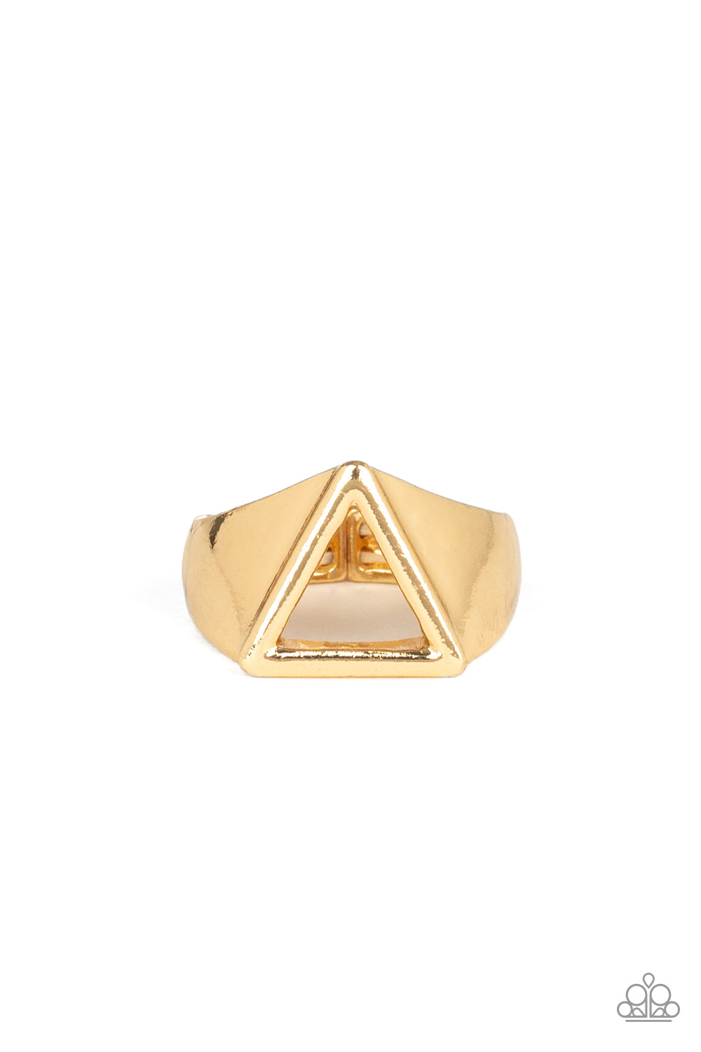 Trident - Gold  An airy triangular frame is set into the center of a thick gold band for a casual look. Features a dainty stretchy band for a flexible fit.  Sold as one individual ring.