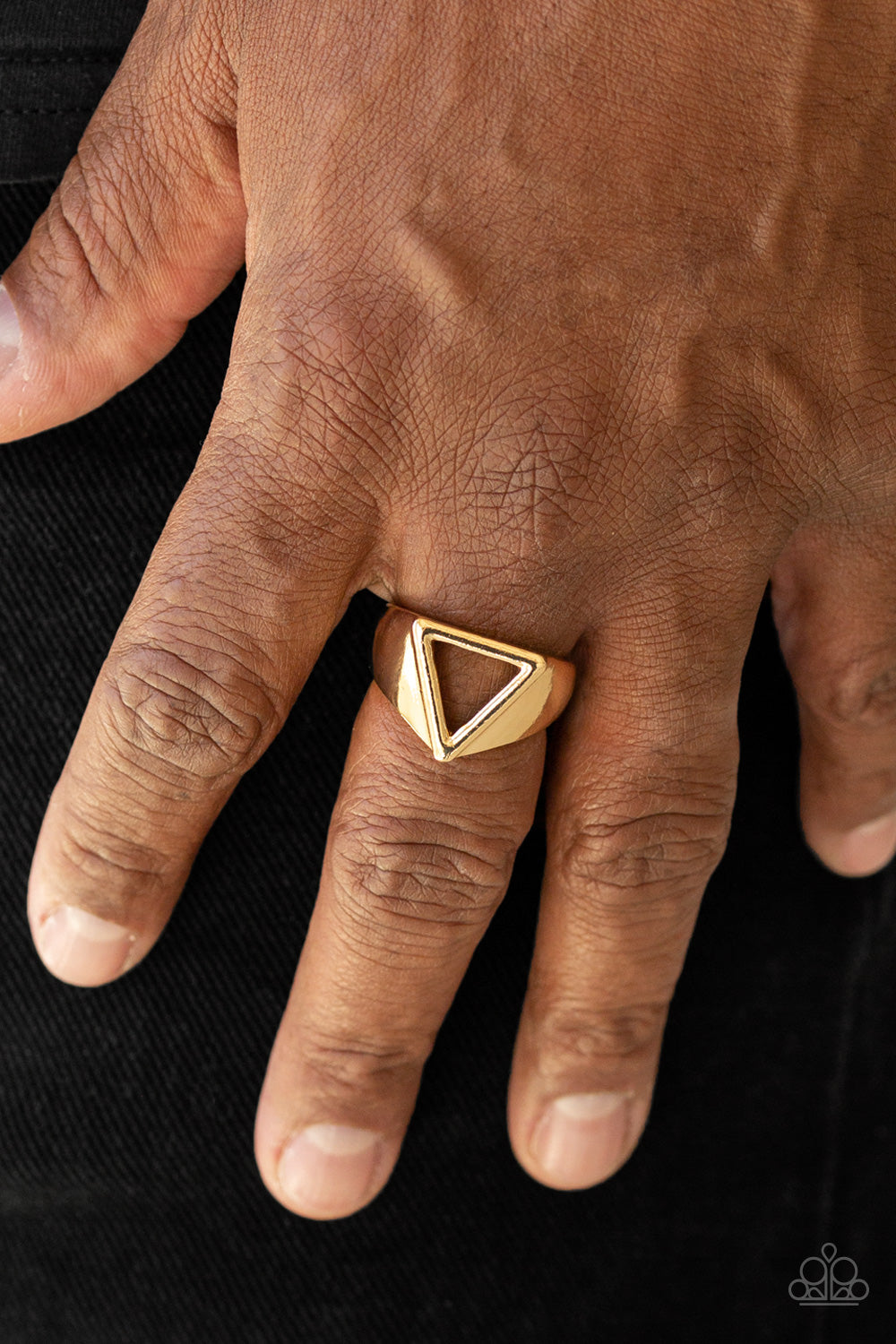 Trident - Gold  An airy triangular frame is set into the center of a thick gold band for a casual look. Features a dainty stretchy band for a flexible fit.  Sold as one individual ring.