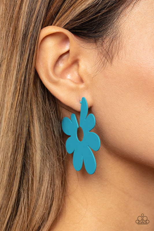 Flower Power Fantasy Blue Flower Hoop Earring - Paparazzi Accessories  Asymmetrical, oversized blue petals bloom into an abstract flower hoop for a fashionable, attention-grabbing pop of color around the ear. Earring attaches to a standard post fitting. Hoop measures approximately 2" in diameter.  Sold as one pair of hoop earrings.  P5HO-BLXX-047XX